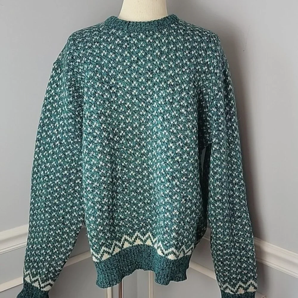 ENVIROMENTAL‎ CLOTHING CO. VTG Green White Wool Blend Boho Crewneck Sweater L
